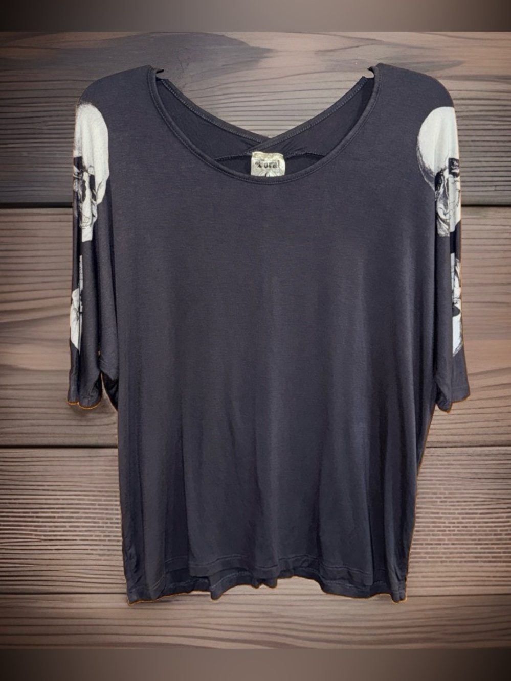Vocal Charcoal Short Sleeve Tee with White Skull Sleeve Accent